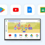 Tablet screen showing an Android feature/demo with app icons above on a light blue background.